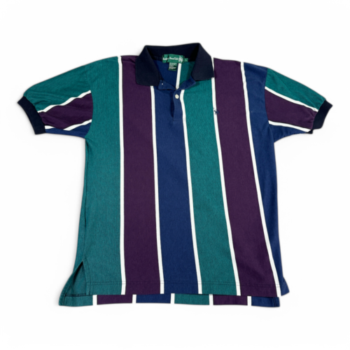 Vintage Knights of Round Table Polo Shirt White Blue Green Striped 90s Adult MEDIUM