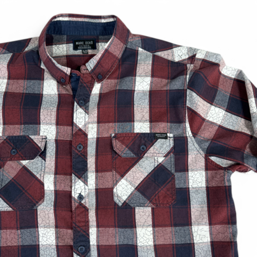 Marc Ecko Shirt Burgundy Blue Cut & Sew Plaid Adult EXTRA LARGE