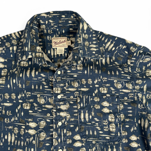 Woolrich Shirt Blue Fishing Tackle Reel Button Up Adult EXTRA LARGE