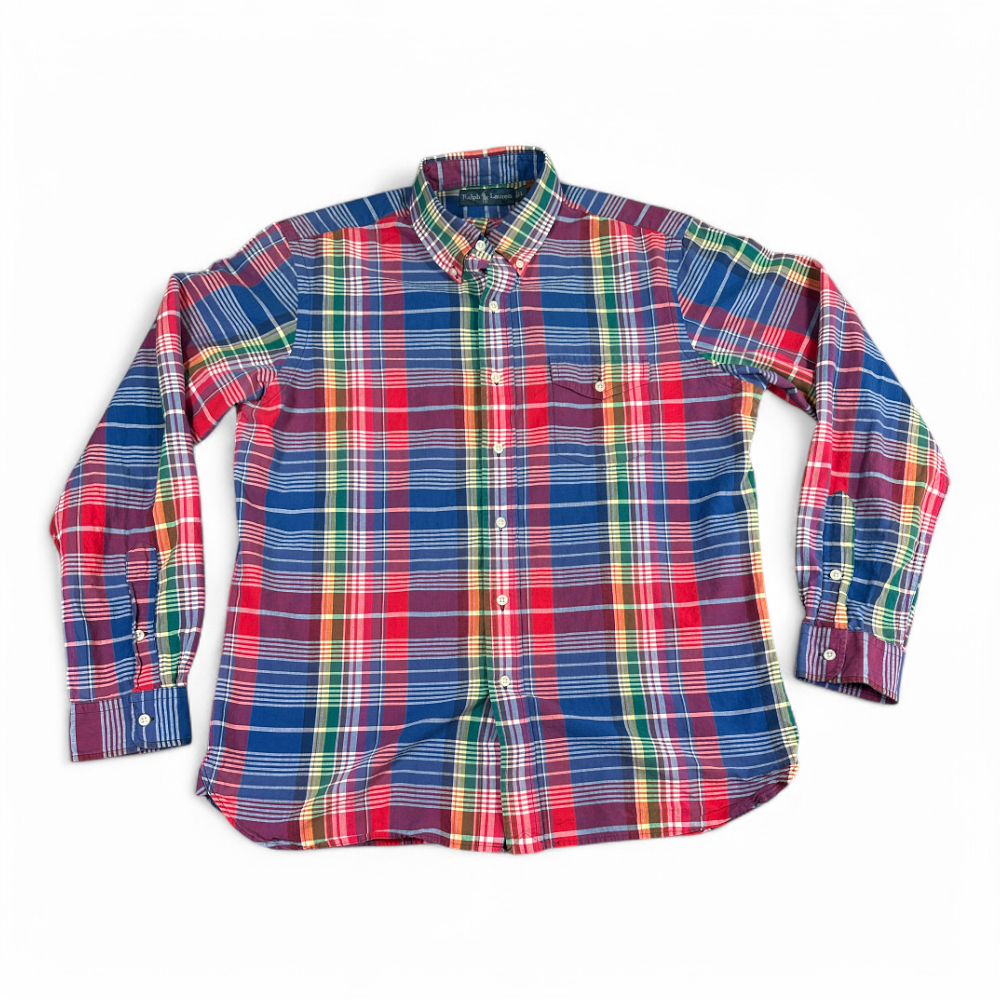Vintage Ralph Lauren Shirt Blue Purple Pink Madras Patchwork Plaid 90s Adult LARGE