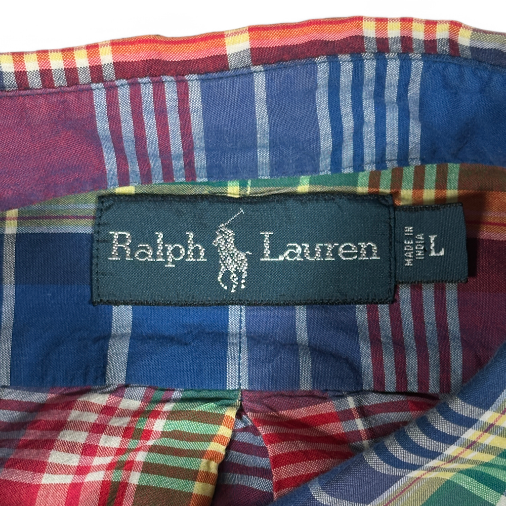 Vintage Ralph Lauren Shirt Blue Purple Pink Madras Patchwork Plaid 90s Adult LARGE