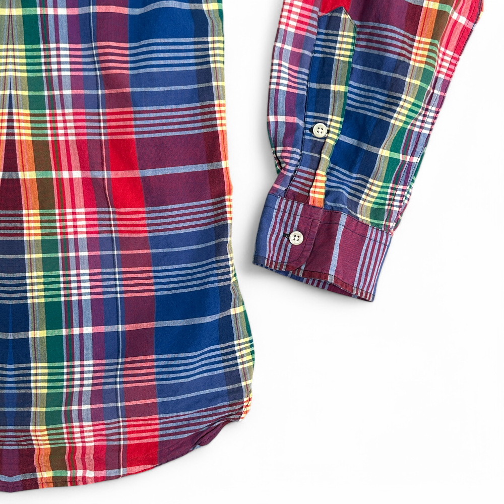 Vintage Ralph Lauren Shirt Blue Purple Pink Madras Patchwork Plaid 90s Adult LARGE
