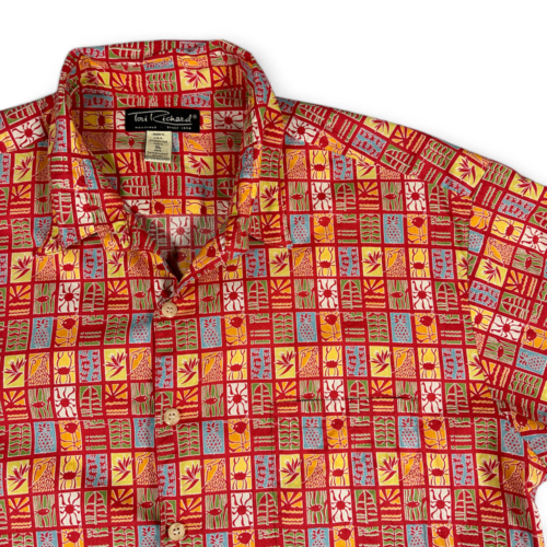 Vintage Tori Richard Hawaiian Shirt Adult EXTRA LARGE Red Aloha Geometric Fish