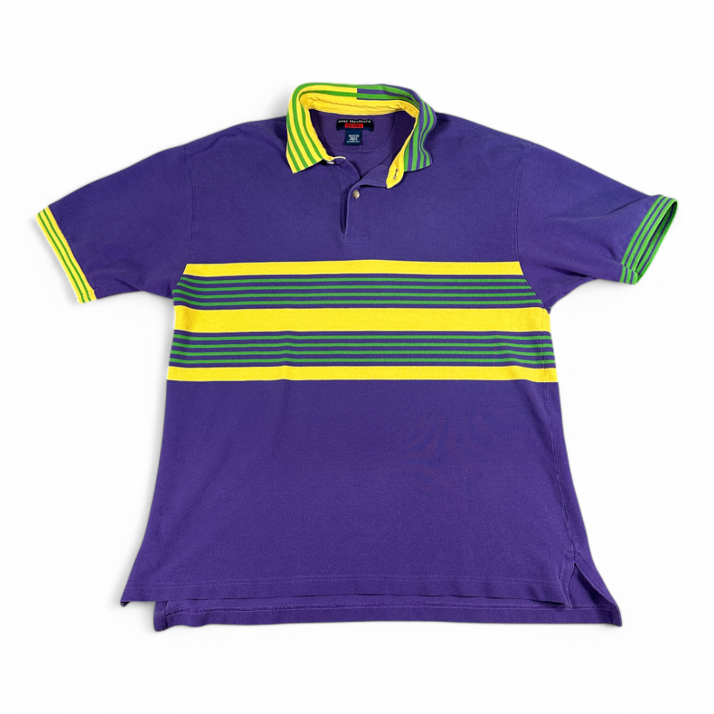 Vintage Mardi Gras Polo Shirt Purple Yellow Striped Mark Alexander Sport 90s Adult MEDIUM-1 Vintage Mardi Gras Polo Shirt Purple Yellow Striped Mark Alexander Sport 90s Adult MEDIUM
