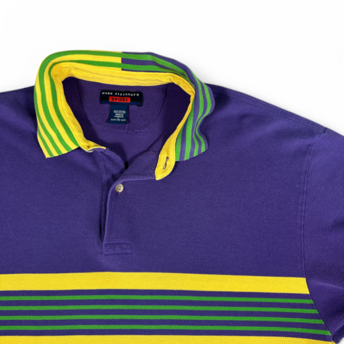 Vintage Mardi Gras Polo Shirt Purple Yellow Striped Mark Alexander Sport 90s Adult MEDIUM