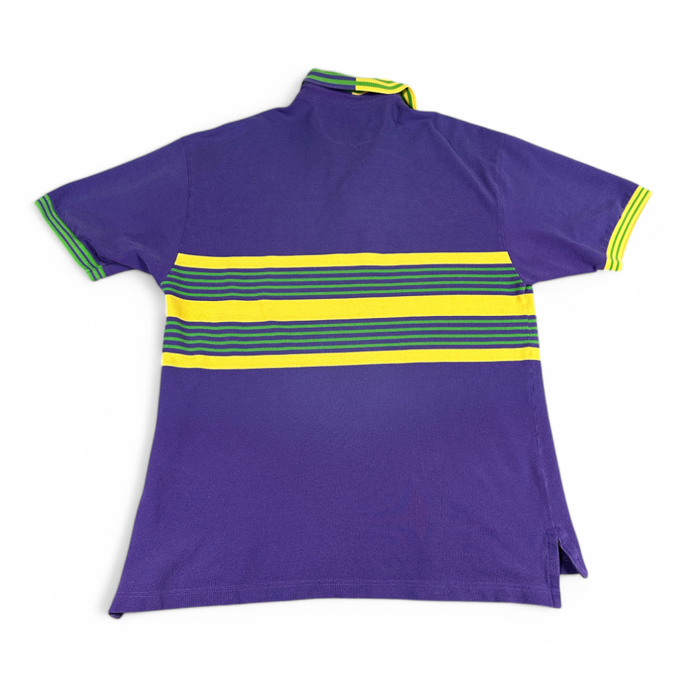 Vintage Mardi Gras Polo Shirt Purple Yellow Striped Mark Alexander Sport 90s Adult MEDIUM-3 Vintage Mardi Gras Polo Shirt Purple Yellow Striped Mark Alexander Sport 90s Adult MEDIUM