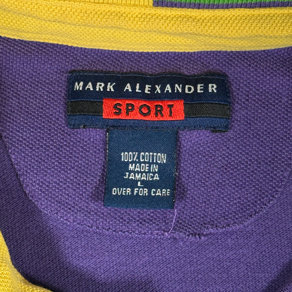 Vintage Mardi Gras Polo Shirt Purple Yellow Striped Mark Alexander Sport 90s Adult MEDIUM-4 Vintage Mardi Gras Polo Shirt Purple Yellow Striped Mark Alexander Sport 90s Adult MEDIUM
