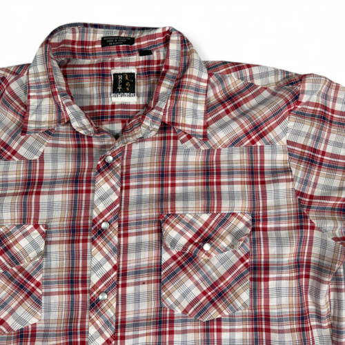 Vintage Holt Western Shirt Red White Blue Plaid Pearl Snap 80s Adult LARGE