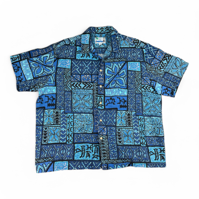 Vintage RJC Hawaiian Shirt Blue Black Tiki Tribal Print Turtles Barkcloth USA Made Adult EXTRA LARGE