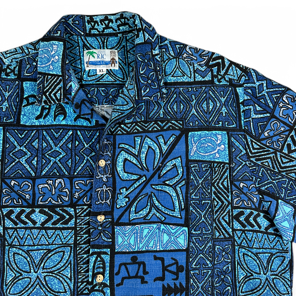 Vintage RJC Hawaiian Shirt Blue Black Tiki Tribal Print Turtles Barkcloth USA Made Adult EXTRA LARGE