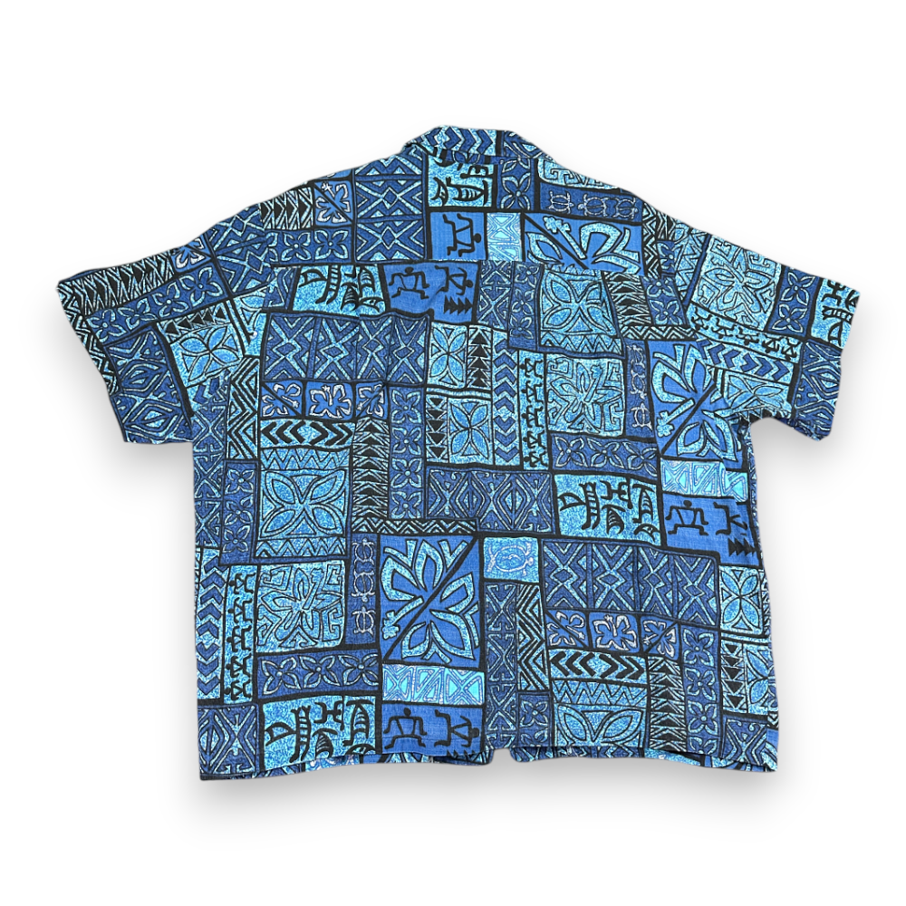 Vintage RJC Hawaiian Shirt Blue Black Tiki Tribal Print Turtles Barkcloth USA Made Adult EXTRA LARGE