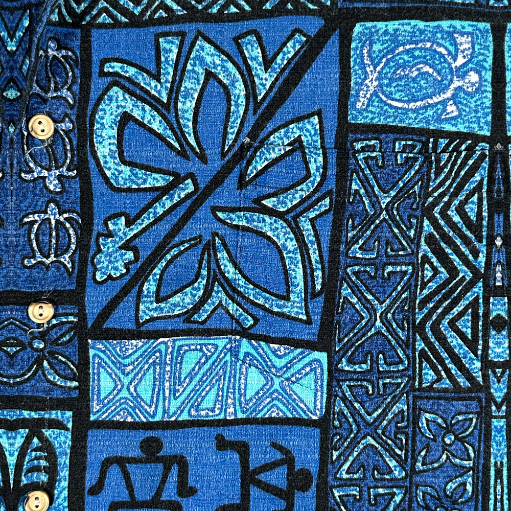 Vintage RJC Hawaiian Shirt Blue Black Tiki Tribal Print Turtles Barkcloth USA Made Adult EXTRA LARGE