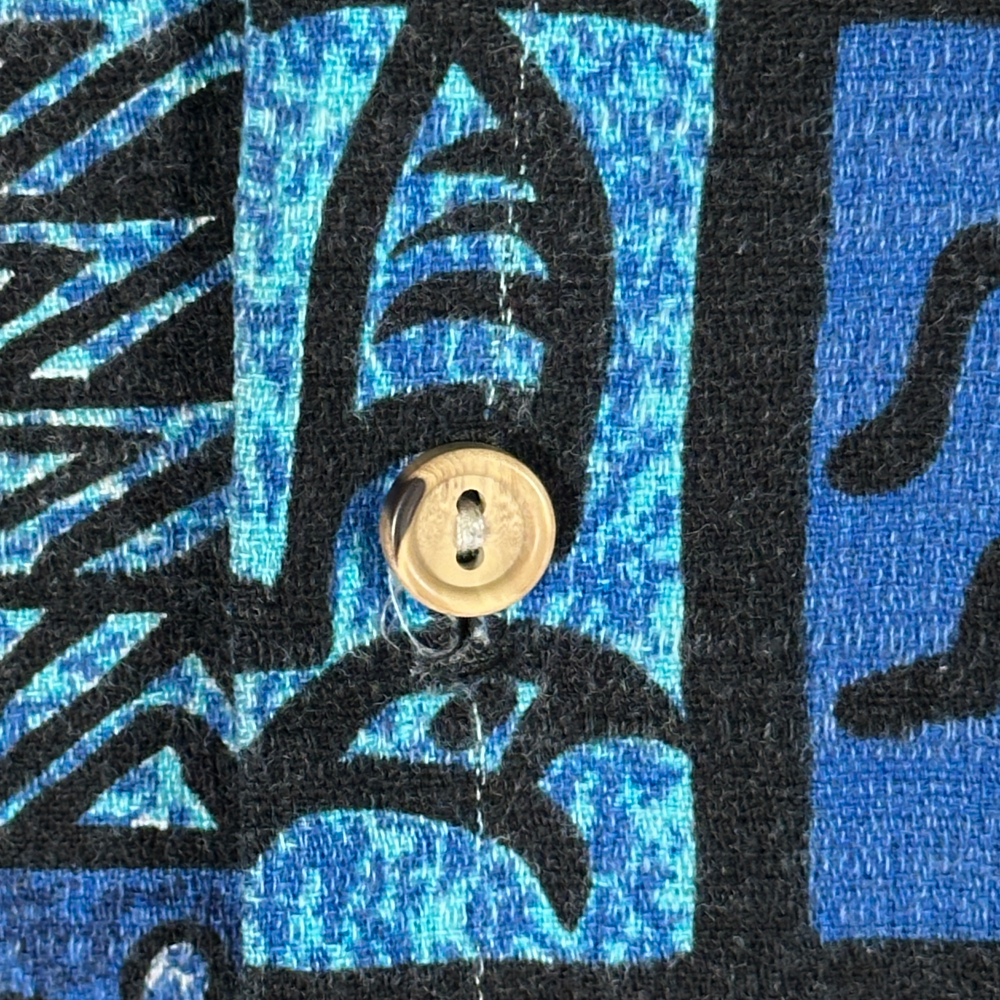 Vintage RJC Hawaiian Shirt Blue Black Tiki Tribal Print Turtles Barkcloth USA Made Adult EXTRA LARGE