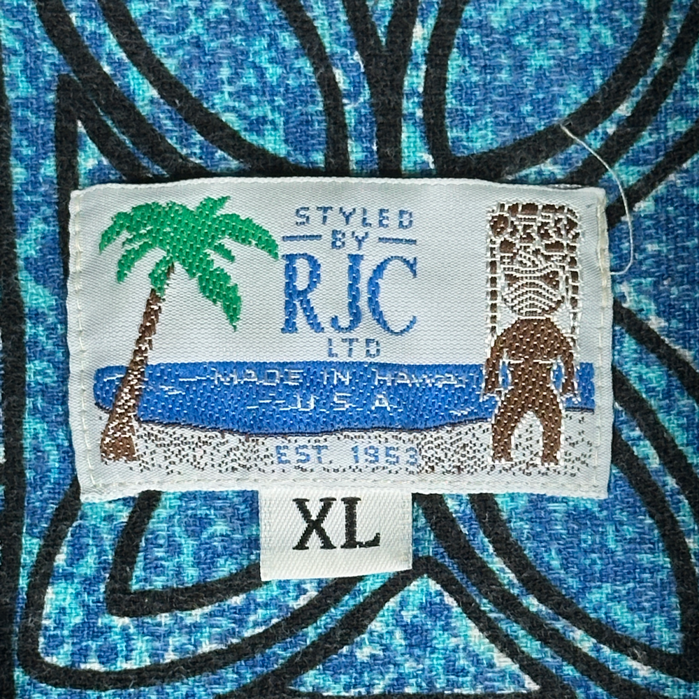 Vintage RJC Hawaiian Shirt Blue Black Tiki Tribal Print Turtles Barkcloth USA Made Adult EXTRA LARGE