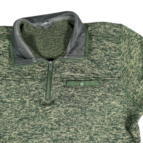 Eddie Bauer Sweater Brown Green Fleece 1/4 Quarter Zip Pocket Adult LARGE