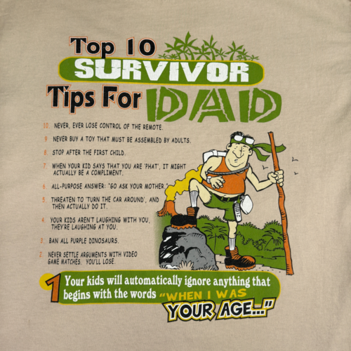 Vintage Survivor Dad Shirt Adult LARGE Brown Top Ten Tips TV Show Parody 90s
