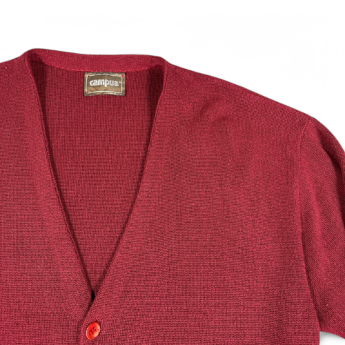 Vintage Campus Cardigan Sweater Adult LARGE Red Pockets Ribbed Banded Grunge 70s