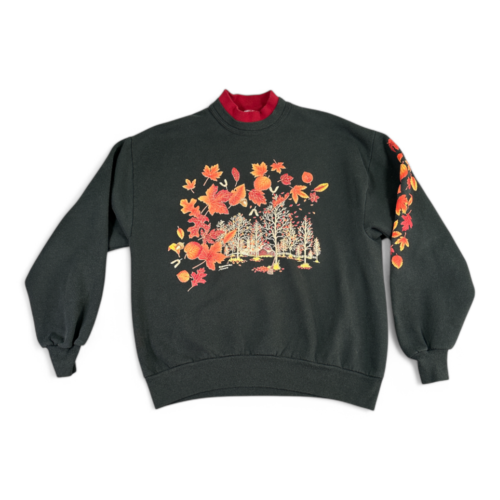 Vintage Autumn Leaves Sweater Adult MEDIUM Black Red Sweatshirt Double Collar 90s
