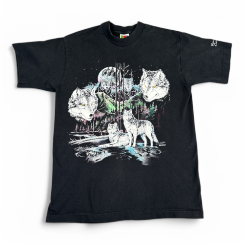 Vintage Wolf Shirt Adult MEDIUM Black Wolves Moon Nature Puff Print 90s