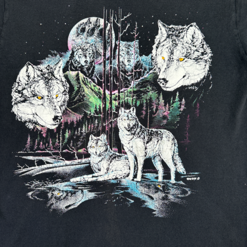 Vintage Wolf Shirt Adult MEDIUM Black Wolves Moon Nature Puff Print 90s