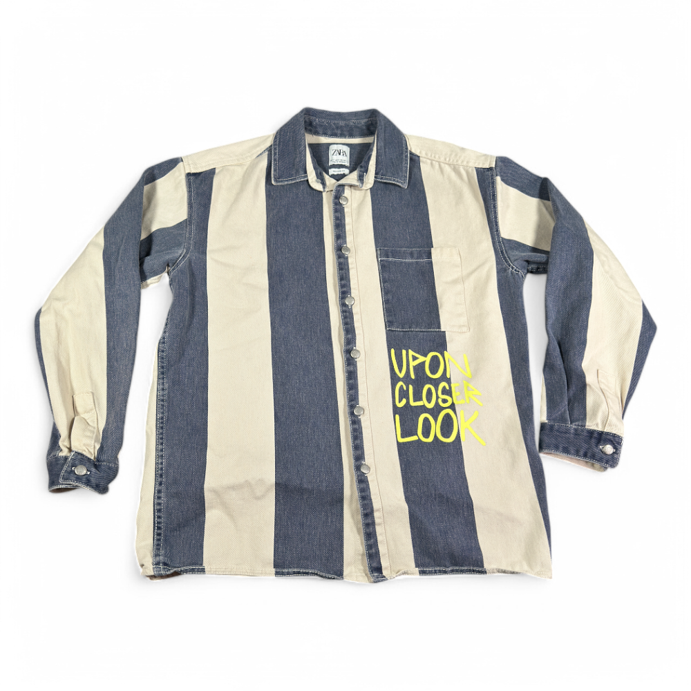 Zara Shirt Adult SMALL Blue White Striped Denim Jean Graffiti Dance Days Away-1 Zara Shirt Adult SMALL Blue White Striped Denim Jean Graffiti Dance Days Away
