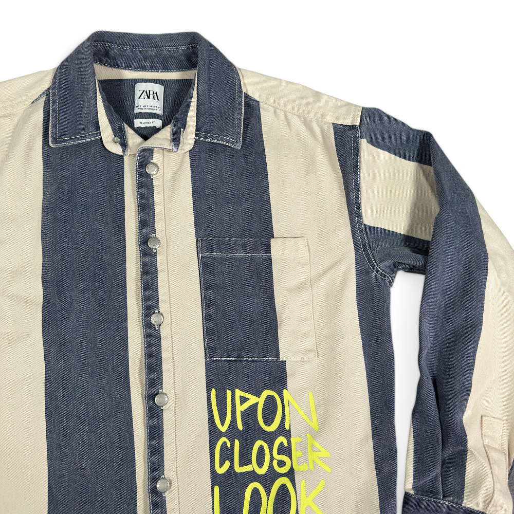 Zara Shirt Adult SMALL Blue White Striped Denim Jean Graffiti Dance Days Away-2 Zara Shirt Adult SMALL Blue White Striped Denim Jean Graffiti Dance Days Away