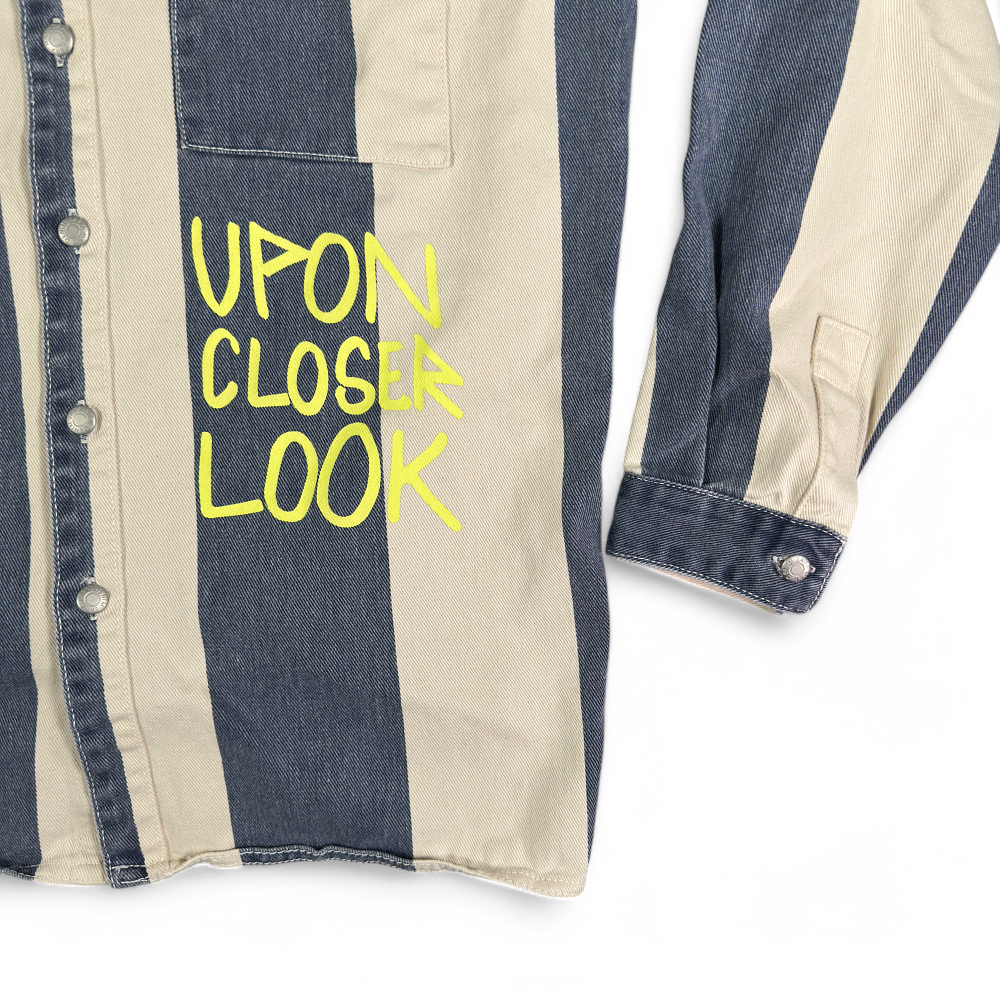 Zara Shirt Adult SMALL Blue White Striped Denim Jean Graffiti Dance Days Away-4 Zara Shirt Adult SMALL Blue White Striped Denim Jean Graffiti Dance Days Away