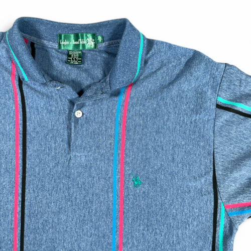 Vintage Knights of Round Table Polo Shirt Adult MEDIUM Blue Green Pink Striped 90s