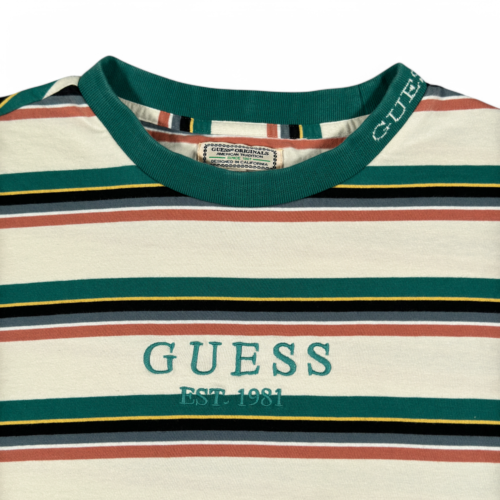 Guess Shirt Adult MEDIUM White Green Stripes Retro Ringer Originals