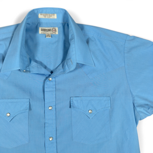 Vintage Sheplers Western Shirt Adult LARGE Blue Pearl Snap Cowboy Rodeo 90s