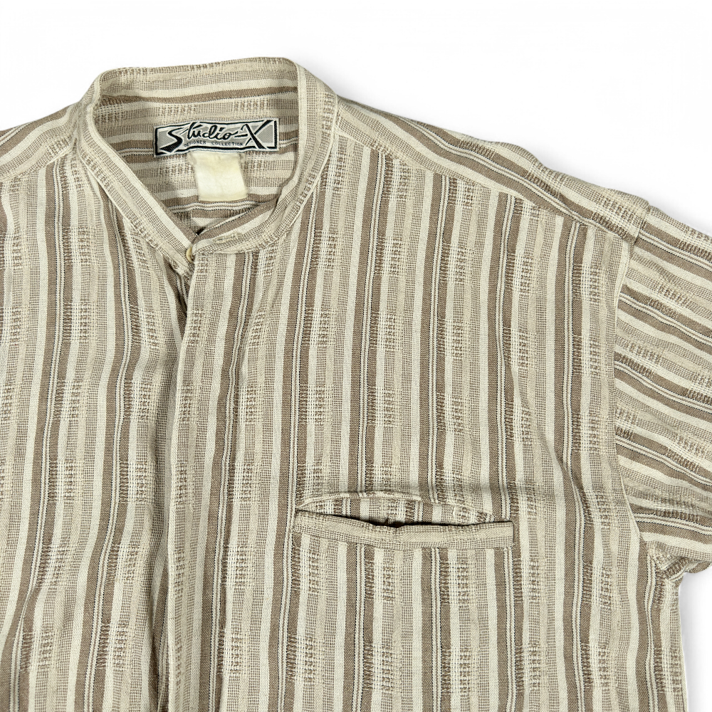 Vintage Studio X Shirt Adult MEDIUM Brown Beige Textured Stripe 90s-2 Vintage Studio X Shirt Adult MEDIUM Brown Beige Textured Stripe 90s