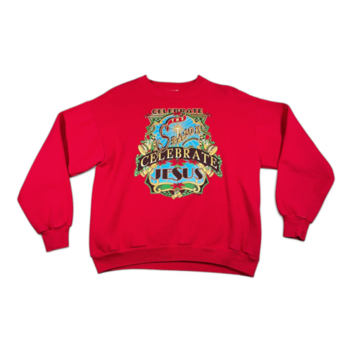 Vintage Christmas Sweater Adult LARGE Red Sweatshirt Religious Celebrate Jesus