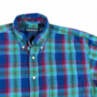 Vintage Van Heusen Shirt Adult MEDIUM Blue Green Plaid Madras Preppy Casual 90s