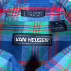 Vintage Van Heusen Shirt Adult MEDIUM Blue Green Plaid Madras Preppy Casual 90s