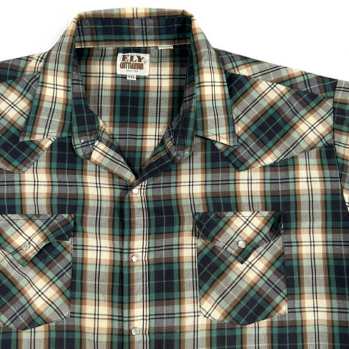 Ely Cattleman Western Shirt Adult 2XL XXL Brown Green Plaid Cowboy Pearl Snap
