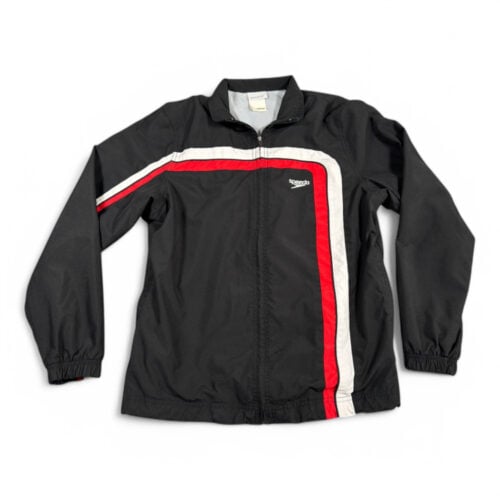 Vintage Speedo Jacket Adult SMALL Black Windbreaker Red White Stripes Retro Y2K