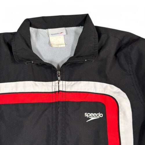 Vintage Speedo Jacket Adult SMALL Black Windbreaker Red White Stripes Retro Y2K