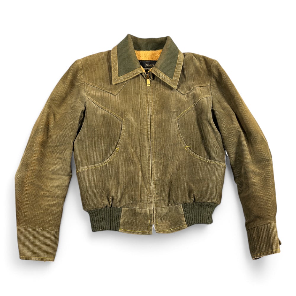 Vintage Sears Jacket Adult Small Green Corduroy Bomber Western Burnt Orange 70s