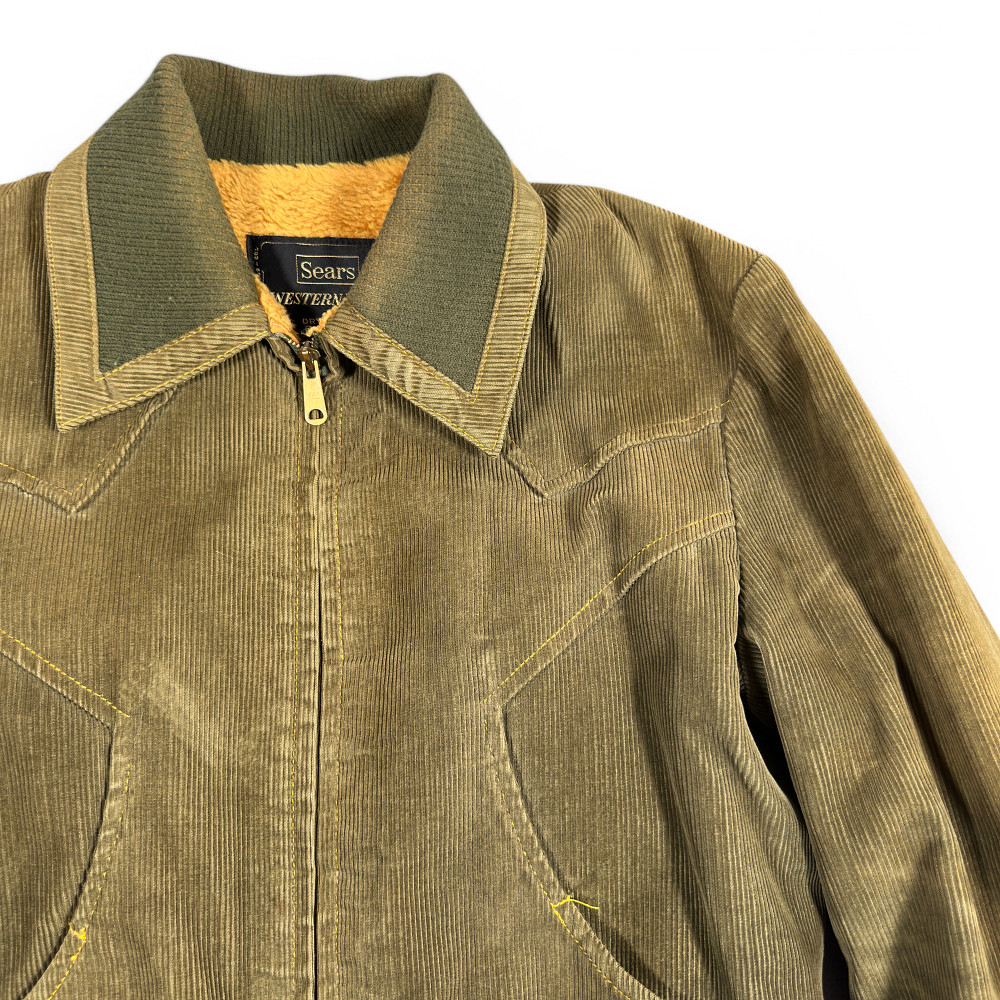 Vintage Sears Jacket Adult Small Green Corduroy Bomber Western Burnt Orange 70s
