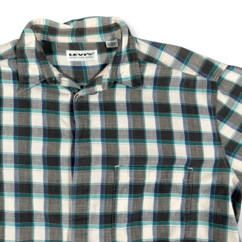 Vintage Levis Shirt Adult LARGE Gray Green Blue Plaid Grunge Button Down 90s