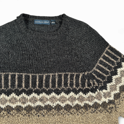 Northern Isles Sweater Womens LARGE Brown Gray Nordic Fair Isle Raglan Y2K