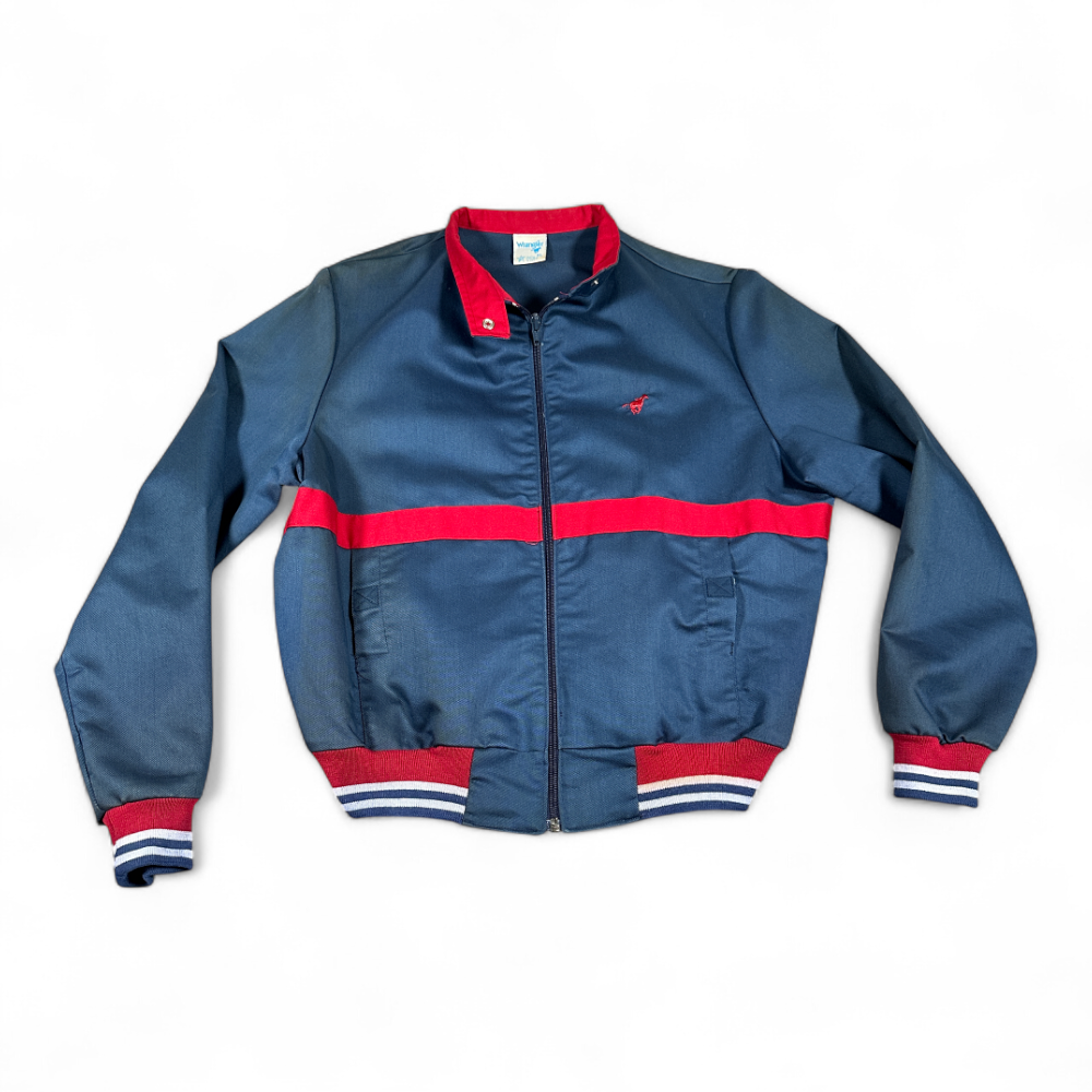 Vintage Wrangler Jacket Adult MEDIUM Navy Blue Red Bomber Rodeo Horse USA 80s