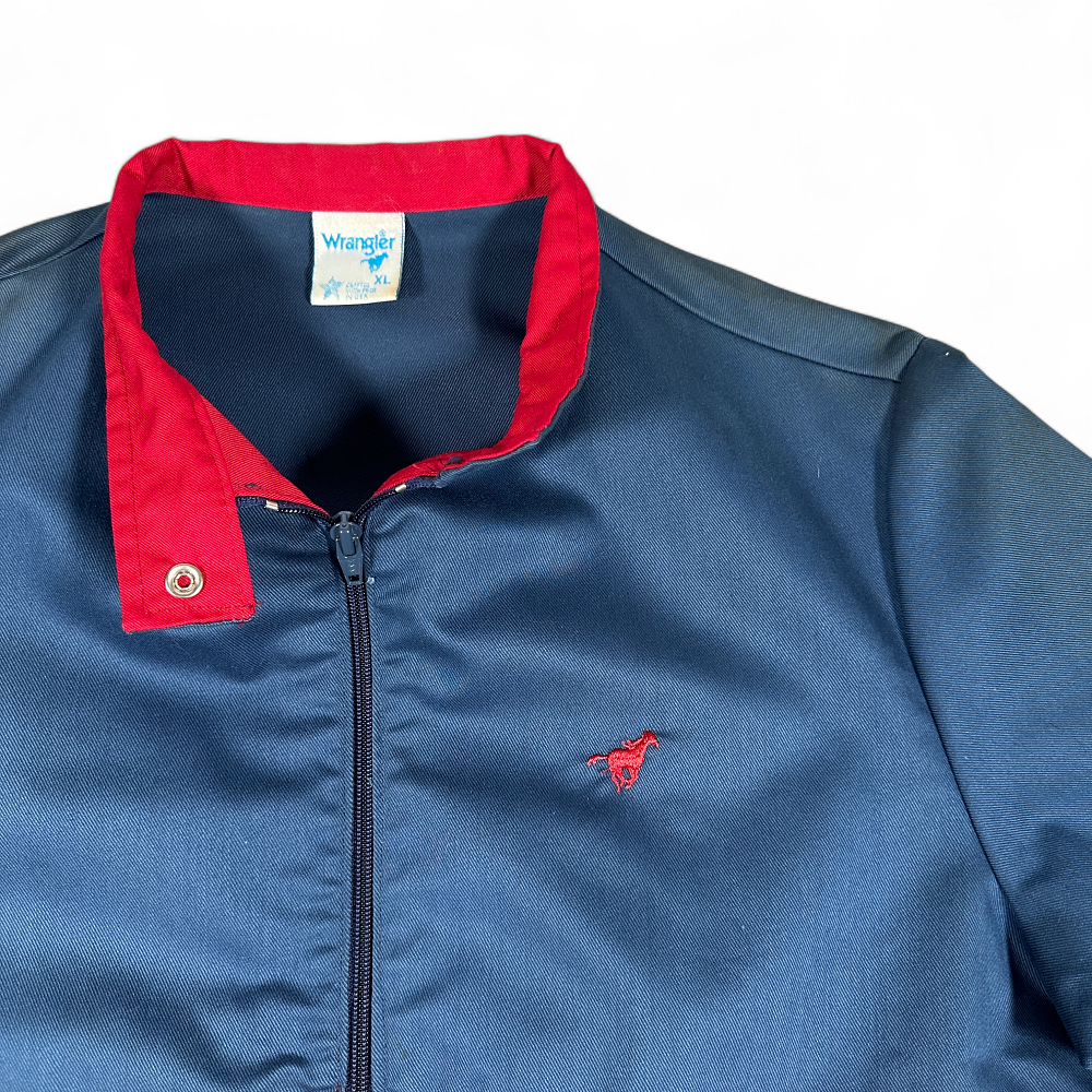 Vintage Wrangler Jacket Adult MEDIUM Navy Blue Red Bomber Rodeo Horse USA 80s
