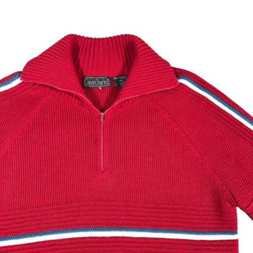 Vintage Calvin Charles Sweater Adult SMALL Red Textured Knit Quarter Zip 80s