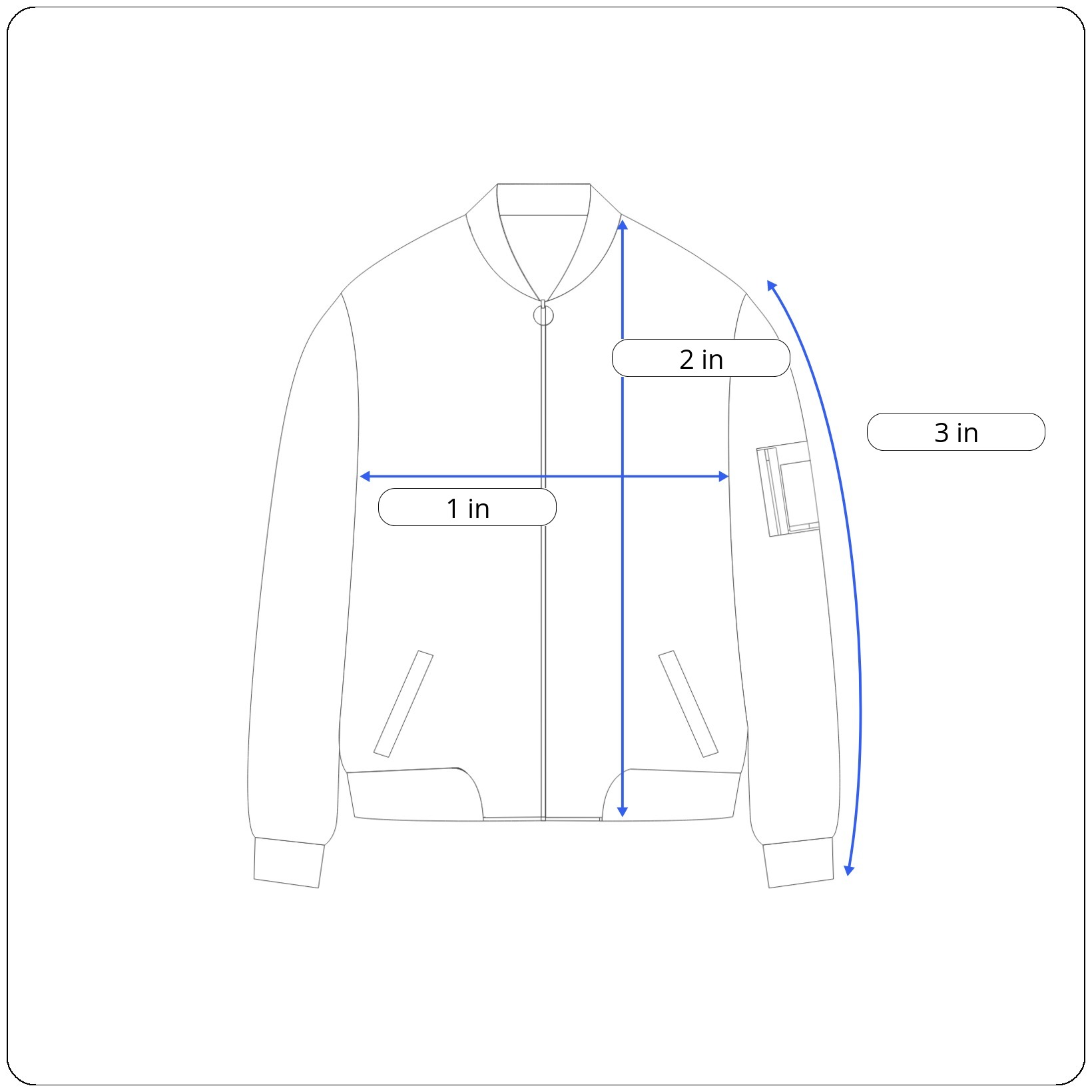 Jackets and coats measurement chart showing chest, length, and sleeve length