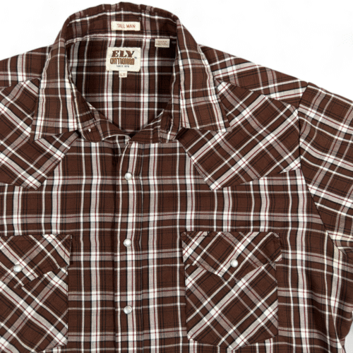 Vintage Ely Cattleman Western Shirt Adult LARGE TALL Brown Pearl Snap Plaid Y2K