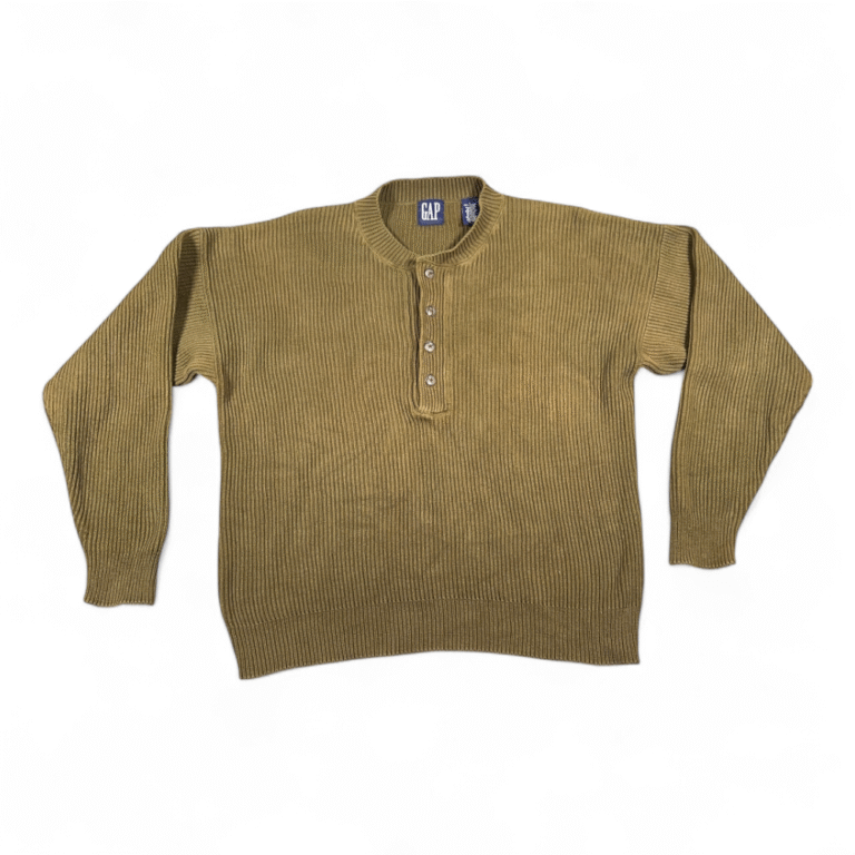 Vintage Gap Sweater Adult LARGE Green Rib Knit Henley Military Army Textured 90s