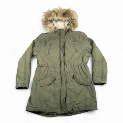American Eagle Coat Womens LARGE Green Parka Sherpa Faux Fur Hood Army Military