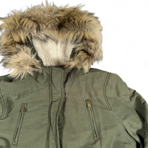 American Eagle Coat Womens LARGE Green Parka Sherpa Faux Fur Hood Army Military