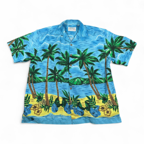 Vintage Reservoir Hawaiian Shirt Adult LARGE Blue Ocean Beach Palms Tropical 80s